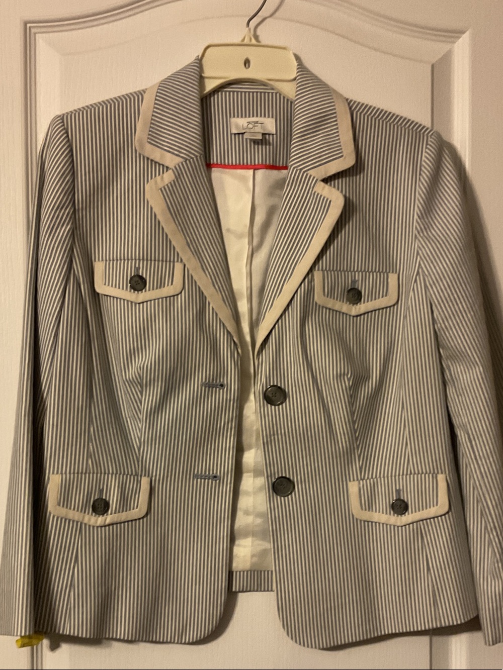 LOFT Navy and light khaki Pinstripe Blazer with Cream Trim